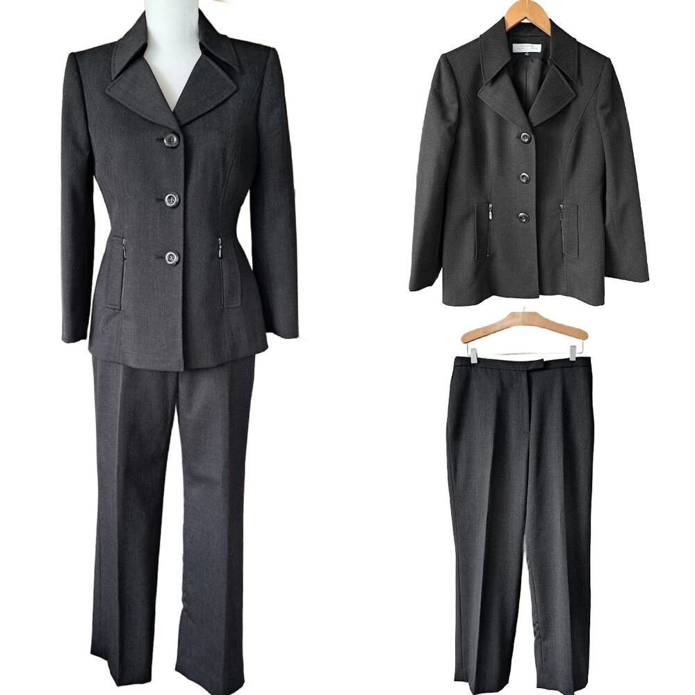 TAHARI 2-Piece Pant Suit Size Charcoal Gray 10 Petite Wool Blend
